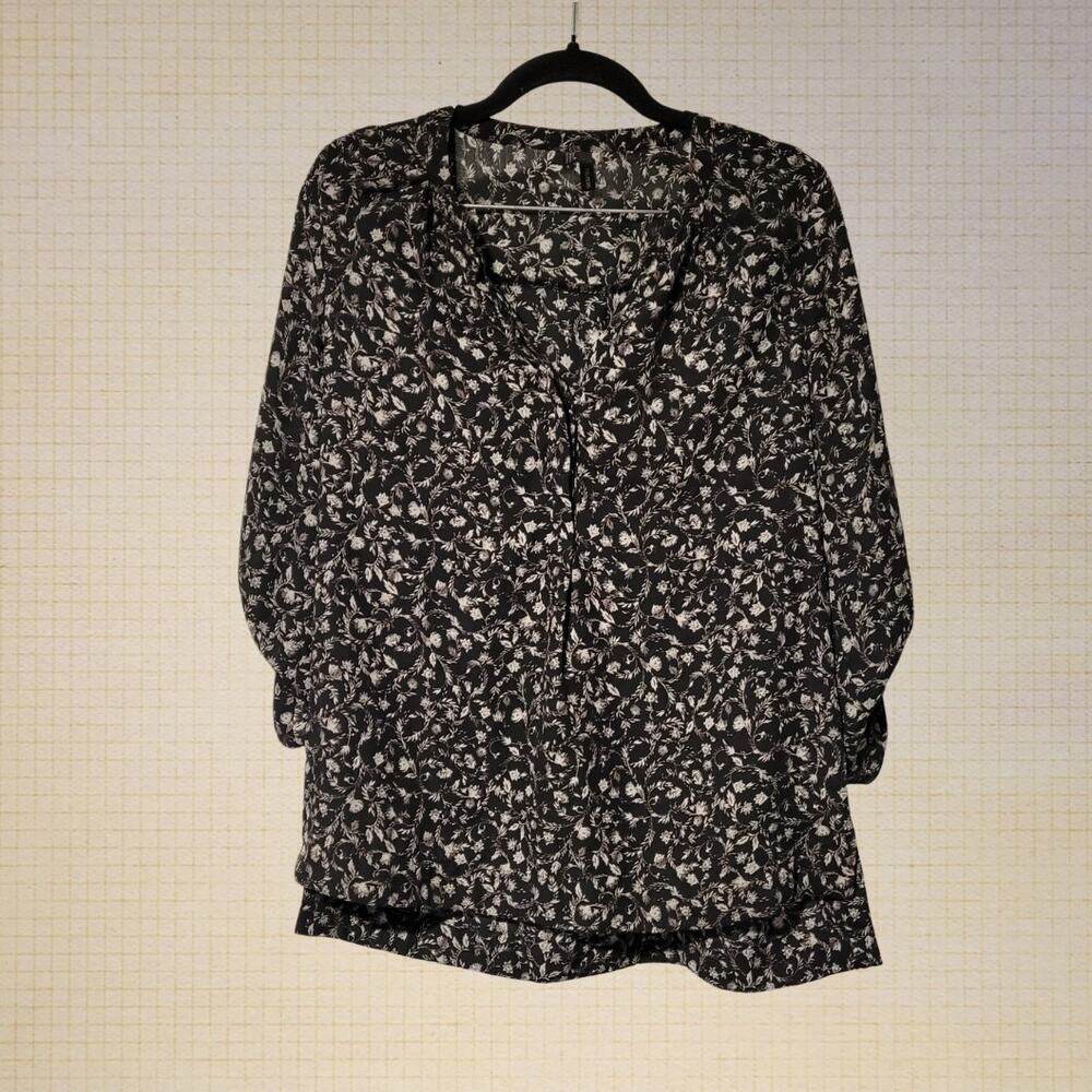 Boho 2000s Maurices Black Floral Blouse Lightweight Oversized Small Sleeves3/4